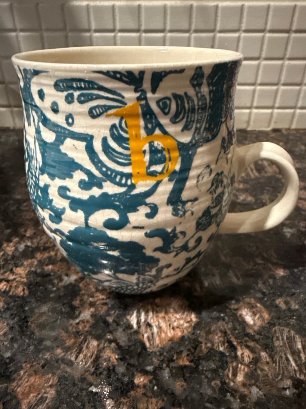 Anthropologie Homegrown Monogram "B" Ceramic Mug With Blue Floral Design
